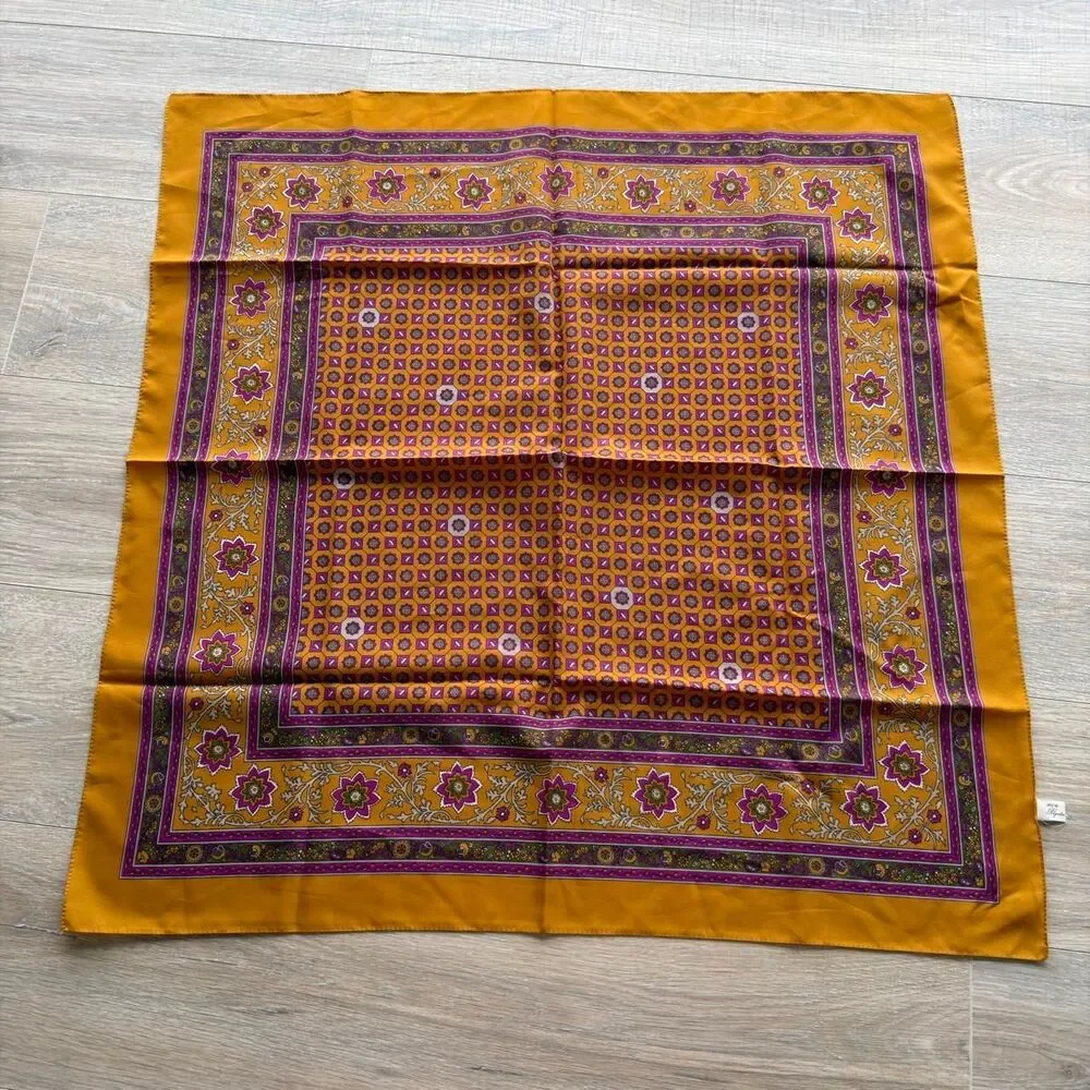 Vintage Italian Silky Scarf Orange & Purple Geometric Print 70's Old Money Twee